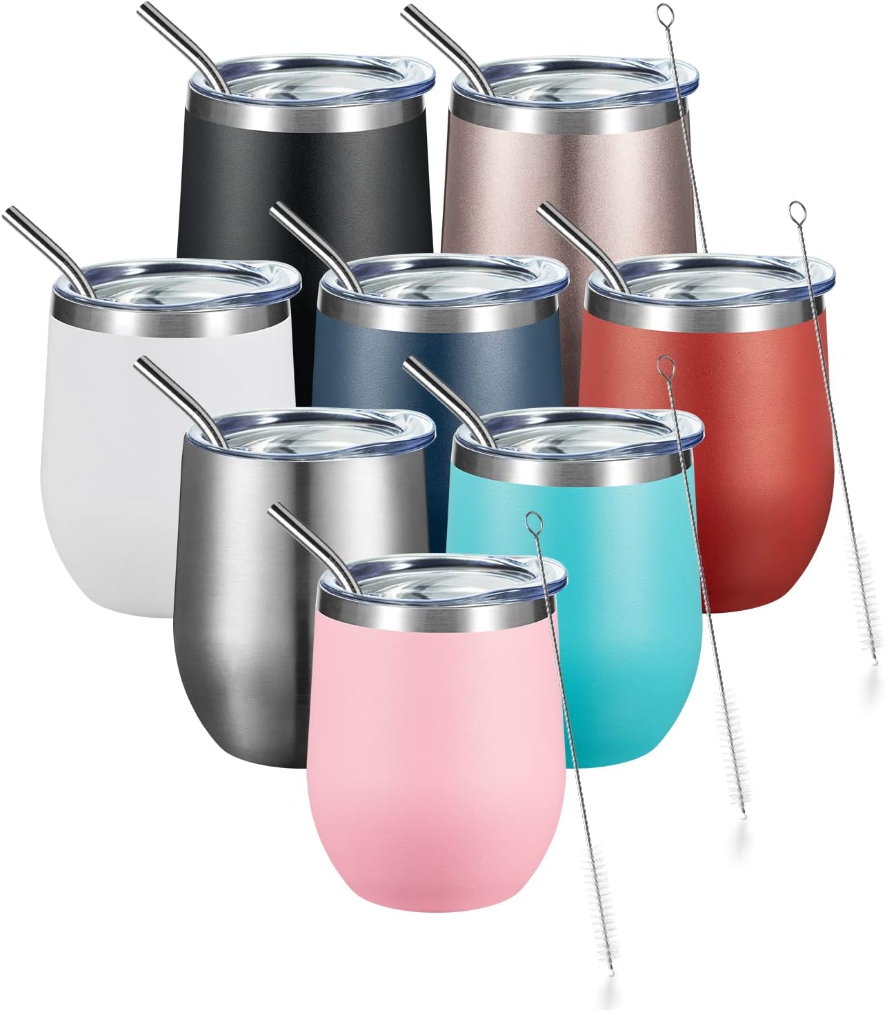 COMOOO Stainless Steel Wine Tumbler with Lid and Straw 12oz Double Wall Vacuum Insulated Travel Tumbler Cup for Coffee, Wine, Cocktails, Champagne (Mix color,8 Pack)