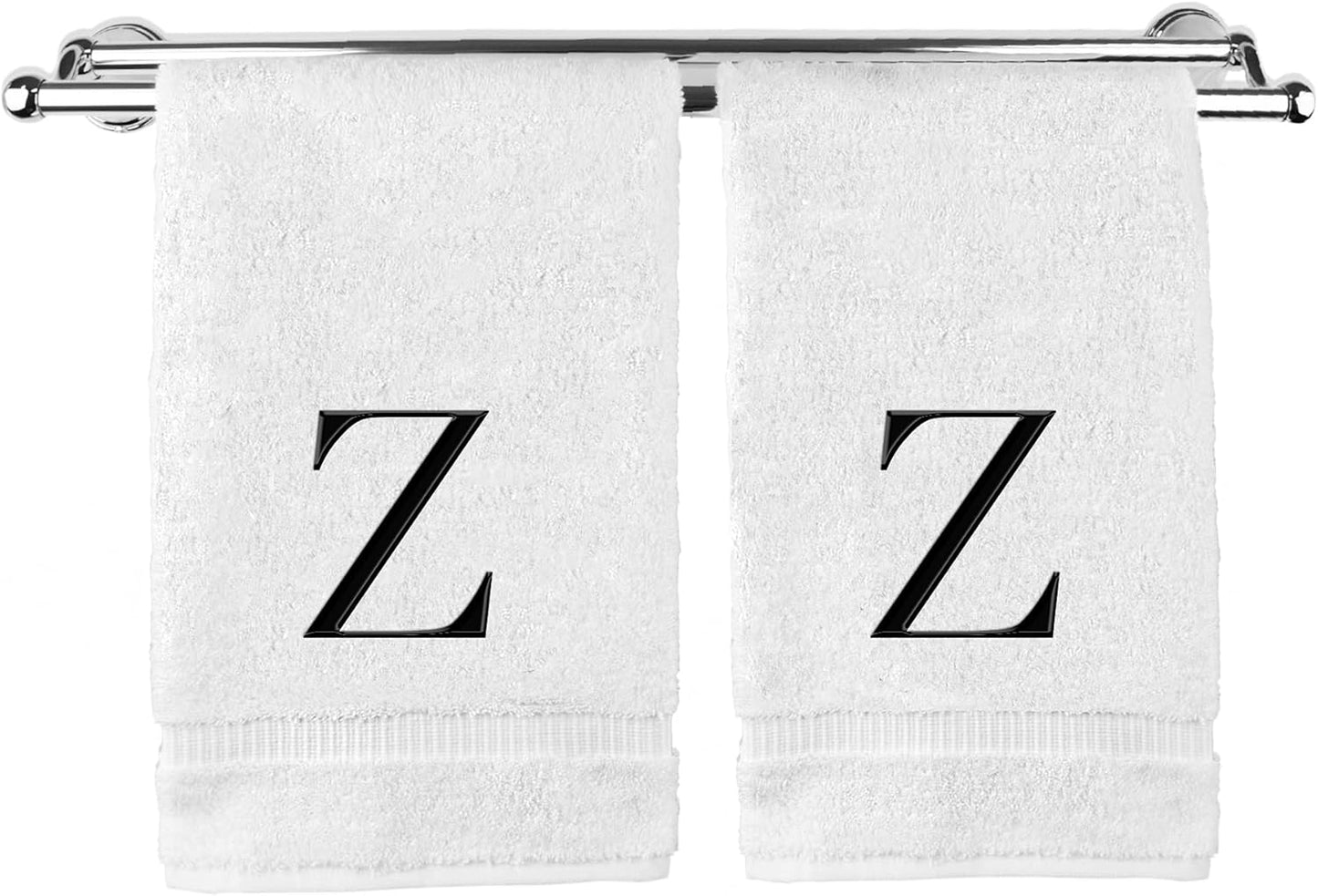Monogrammed Hand Towel, Personalized Gift, Set of 2- Black Block Letter Embroidered Towel - Extra Absorbent 100% Turkish Cotton - Soft Terry Finish - Initial Z White