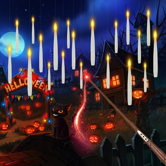 JMTONE Floating Candles with Wand, Halloween Decorations Magic Candle,12 PCs Magic Hanging Candles Flickering Warm Light Flameless Floating LED Candle with Wand Remote