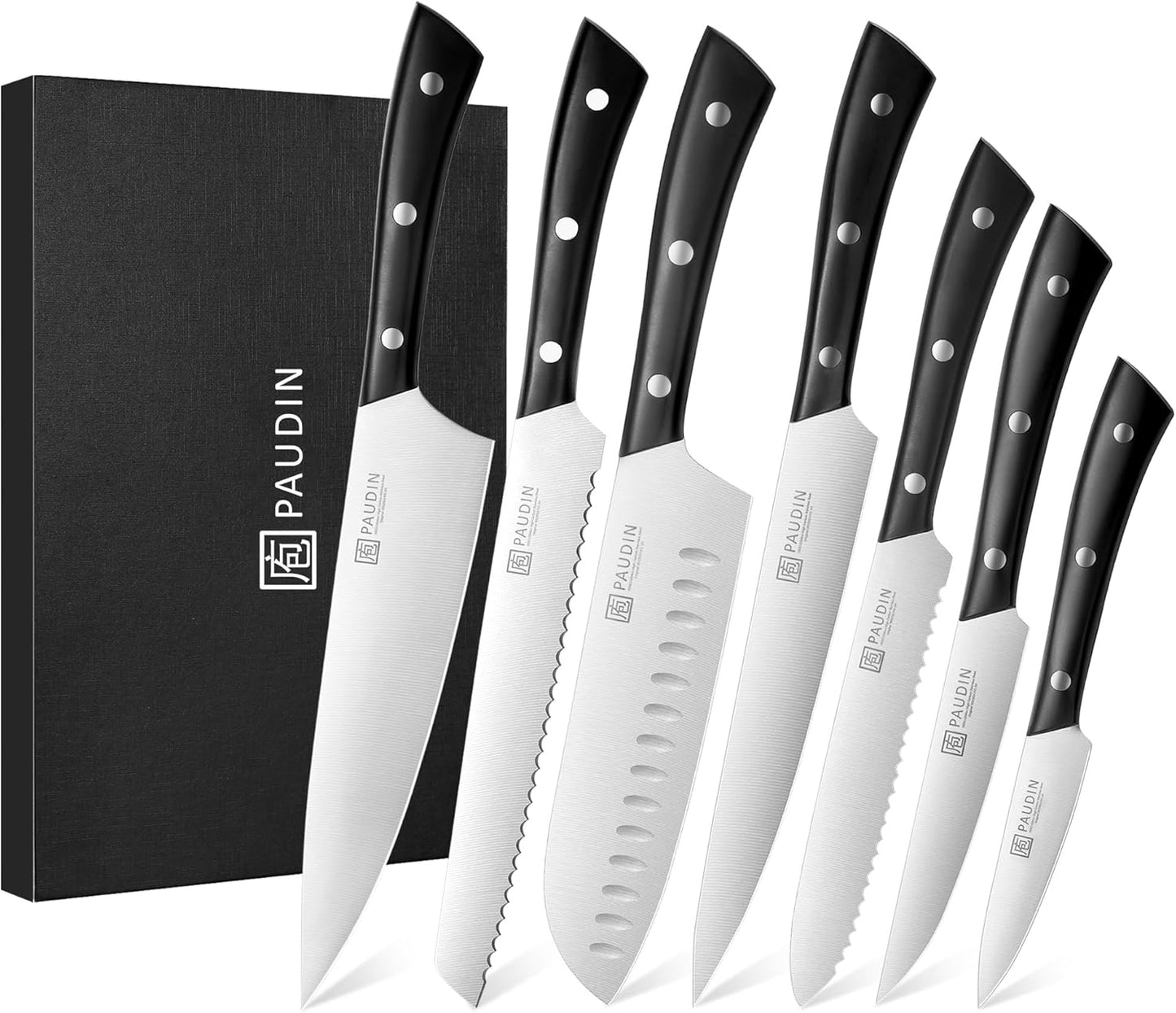 PAUDIN Kitchen Knife Set, 7 Piece Chef Knife Set, High Carbon Stainless Steel Kitchen Knives, Ultra Sharp Knives Set for Kitchen, Precise Cutting, Durable with Ergonomic Handle, Black