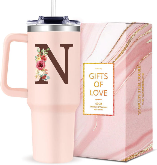 Monogrammed 40oz Tumbler with Handle for Women, Personalized Birthday Gifts for Women,Initial Cups for Woman Floral Letter N,Customized Gifts for Female Lady Gift for Mothers Day Christmas