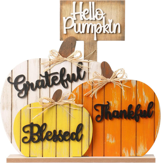SY Super Bang Fall Decorations for Home, Rustic Wooden Blessed Grateful Thankful Hello Pumpkin Tabletop Sign Thanksgiving Decoration, for Autumn Harvest Farmhouse Party Decor.