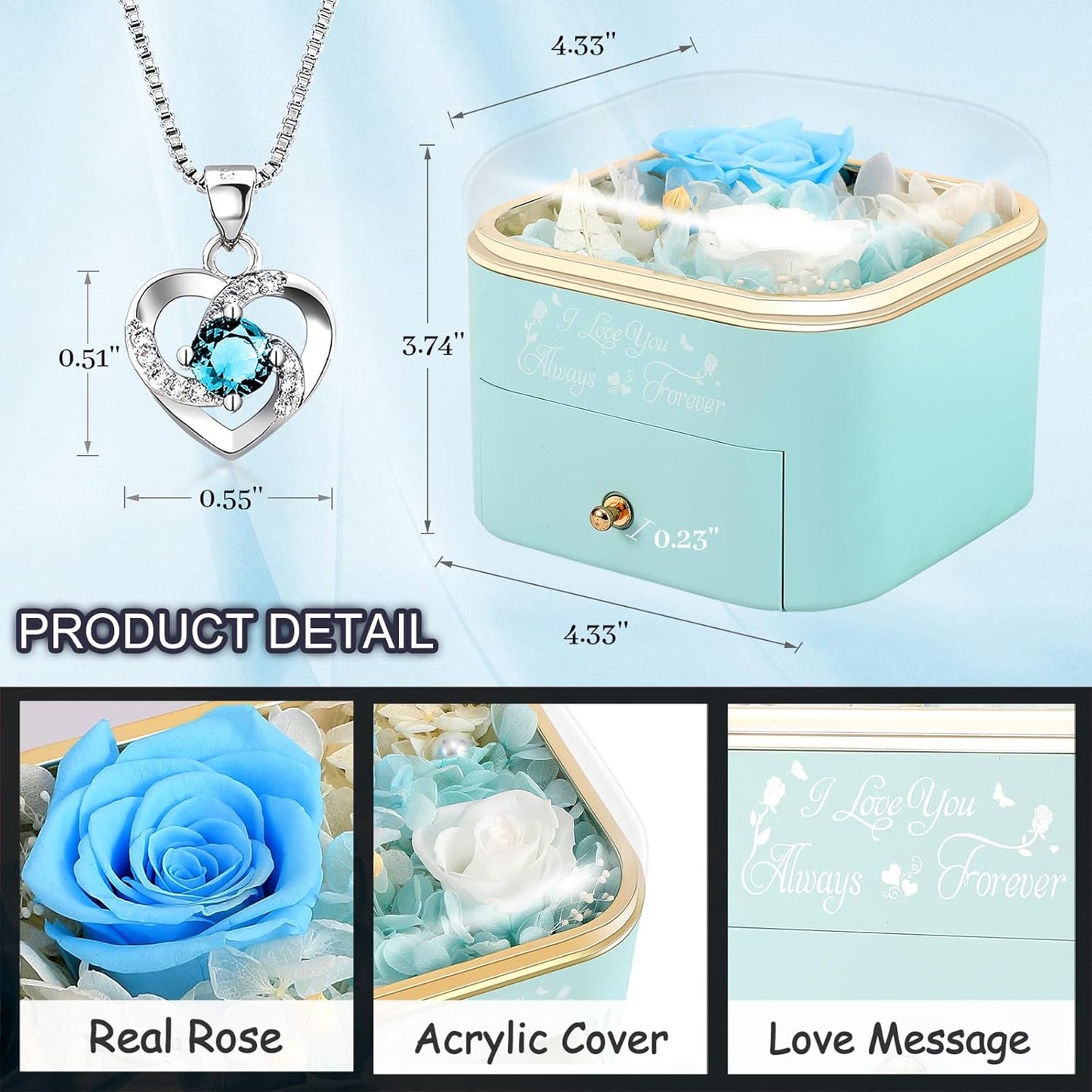 Preserved Roses Jewelry Box with Heart Necklace - Eternal Rose & ‘I Love You Always & Forever’ Engraving - Luxury Gift for Mom, Wife, or Grandma on Mother’s Day