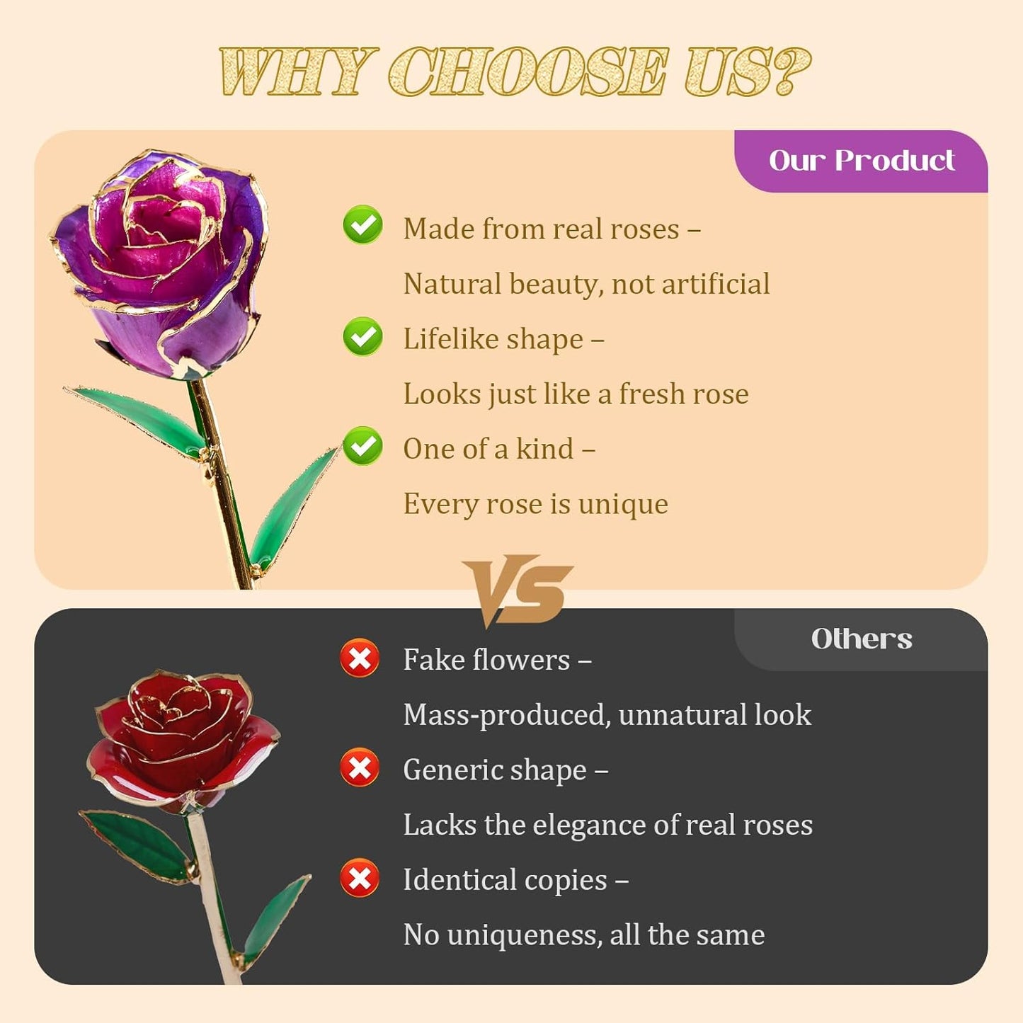 Mikasol Real 24K Gold Dipped Realistic Rose – Timeless Lifelike Bloom with Heart Puzzle Base – Romantic Purple Flower Gift for Her, Wife, Girlfriend, Mom – Birthday, Anniversary, Mother’s Day (Purple)