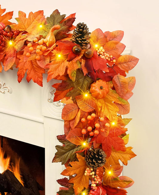 Fall Decorations for Home, 5.9 FT Fall Leaves Garland, Fall Garland for Mantle with Colorful Maple Leaves Pumpkins, Fall Decor for Fireplace Mantel Table Centerpieces Thanksgiving