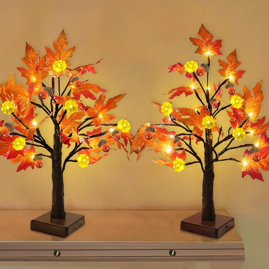 TURNMEON Fall Decor 2 Pack 18 Inch Prelit Fall Maple Tree Thanksgiving Fall Decorations for Home with 48 LEDs Timer Battery Operated Pumpkin Lights 6 Acorn Tabletop Halloween Decorations Indoor Autumn