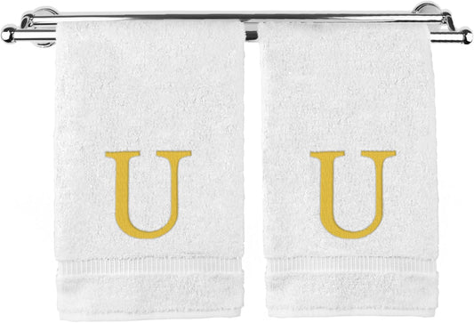 Monogrammed Hand Towel, Personalized Gift, Set of 2- Gold Block Letter Embroidered Towel - Extra Absorbent 100% Turkish Cotton - Soft Terry Finish - Initial U White