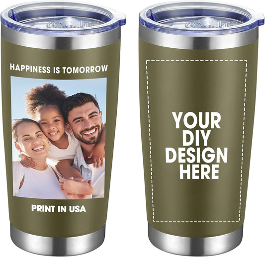 Personalized Custom Tumbler Print in USA 20oz Stainless Steel Coffee Cup with Lid & Straw Double Wall Insulated Tumbler with Colorful Text Logo Photo
