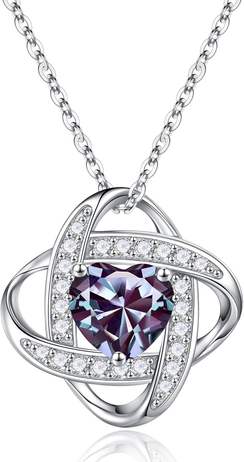 Iefil 925 Sterling Silver Love Knot Birthstone Necklace, Natural or Created Gemstone, Anniversary Birthday Gifts for Women, Jewelry Gifts for Wife Mom Girlfriend