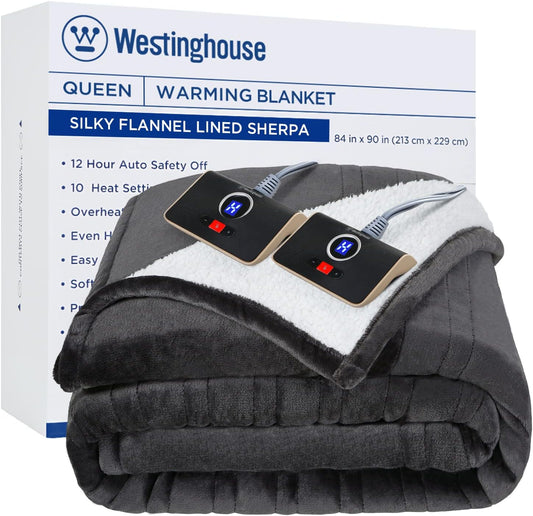 Westinghouse Heated Blanket Queen Size, Soft Flannel to Sherpa Electric Blanket with 10 Heating Levels, 12 Hours Auto Off, Fast Heating Blanket, Machine Washable, 84x90 Inch, Charcoal