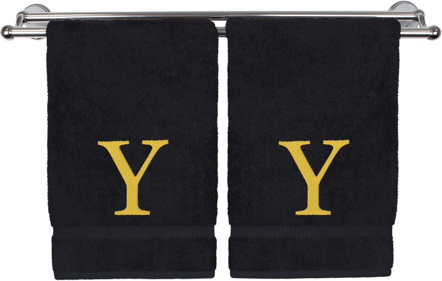 Monogrammed Hand Towel, Personalized Gift, Set of 2- Gold Block Letter Embroidered Towel - Extra Absorbent 100% Turkish Cotton - Soft Terry Finish - Initial Y Black