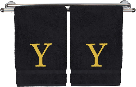 Monogrammed Hand Towel, Personalized Gift, Set of 2- Gold Block Letter Embroidered Towel - Extra Absorbent 100% Turkish Cotton - Soft Terry Finish - Initial Y Black