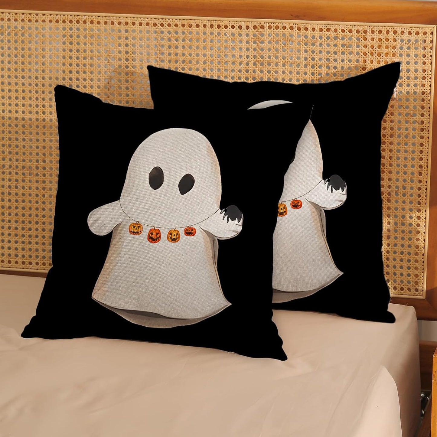 Halloween Pillow Covers 18x18 Set of 2 Cute Ghost Pumpkin Black Throw Pillow Covers Outdoor Decoration Autumn Decor Ghost Pillowcase Farmhouse Decorative Linen Cushion Case for Home Sofa Couch