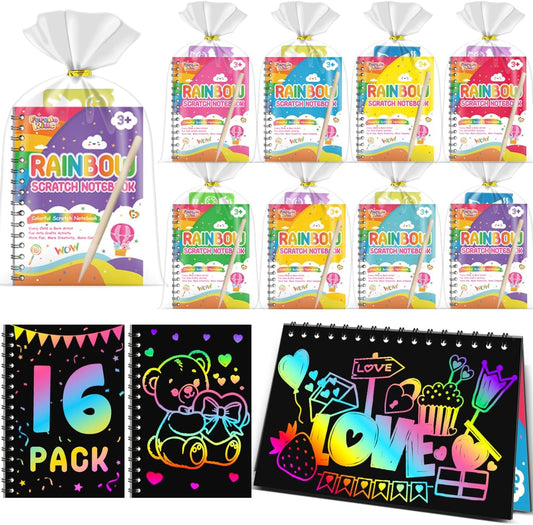 Party Favors for Kids: 16 Pack Rainbow Scratch Art Notebook Back to School Students Classroom Gifts Bulk for Girls Boys Goodie Bags Stuffers, Return Gifts for Birthday Party Favors Bulk