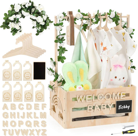 Wooden Baby Shower Crate Closet With Hangers, Letters, Dividers - Easy Assembly Basket for Newborn Boys Girls - Pregnancy Gifts for New Parents