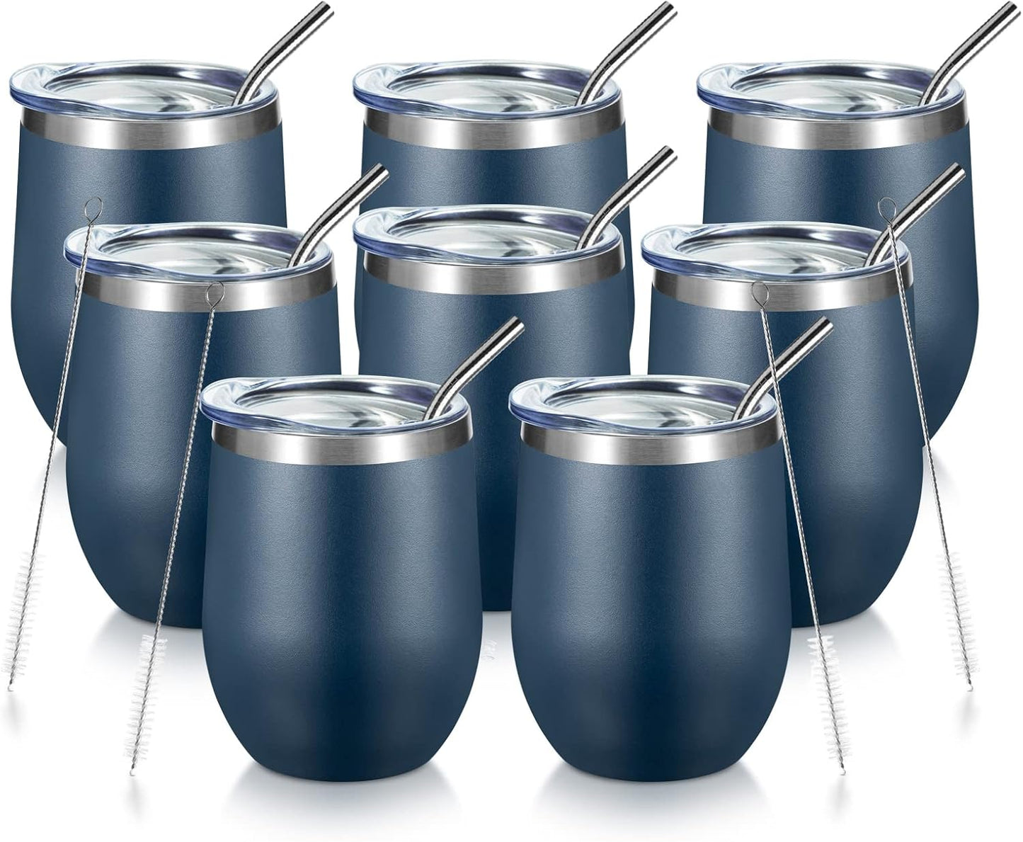 COMOOO 12oz Stainless Steel Wine Tumbler with Lid and Straw Double Wall Vacuum Insulated Wine Tumbler Cup Stemless for Hot and Cold Drinks, Coffee, Wine, Cocktails Navy, 8 Pack