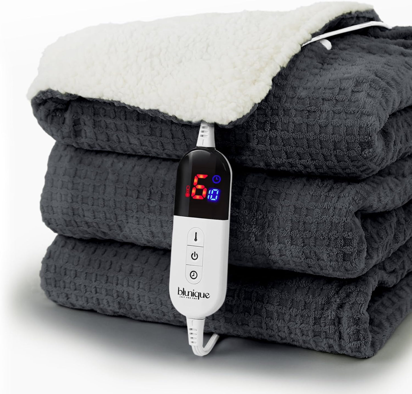 Heated Blanket Electric Blanket Full Waffle,72x84 Inches Sherpa Fleece Fast Heating Blanket 6 Heating Levels & 10 Hours Auto Off ETL Certification,Charcoal Full