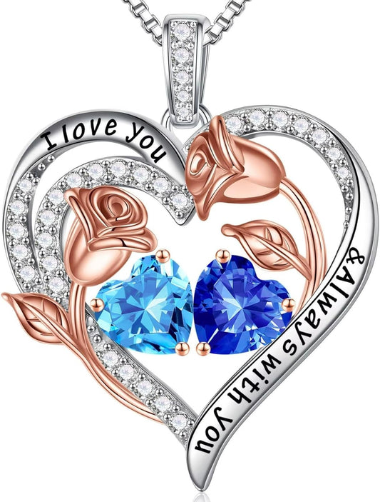 Iefil Birthstone Necklace for Women - 925 Sterling Silver Rose Heart Birthstone Necklace Birthday Anniversary Jewelry Gifts for Her Wife Mom Daughter