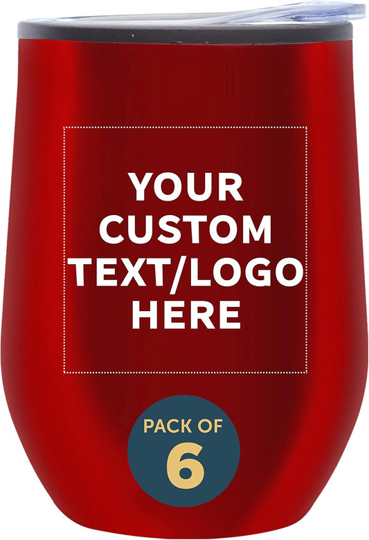Custom Stemless Wine Tumblers 12 oz. Set of 6, Personalized Bulk Pack - Insulated, Perfect for Wine, Cocktails, Other Hot & Cold Beverages - Red