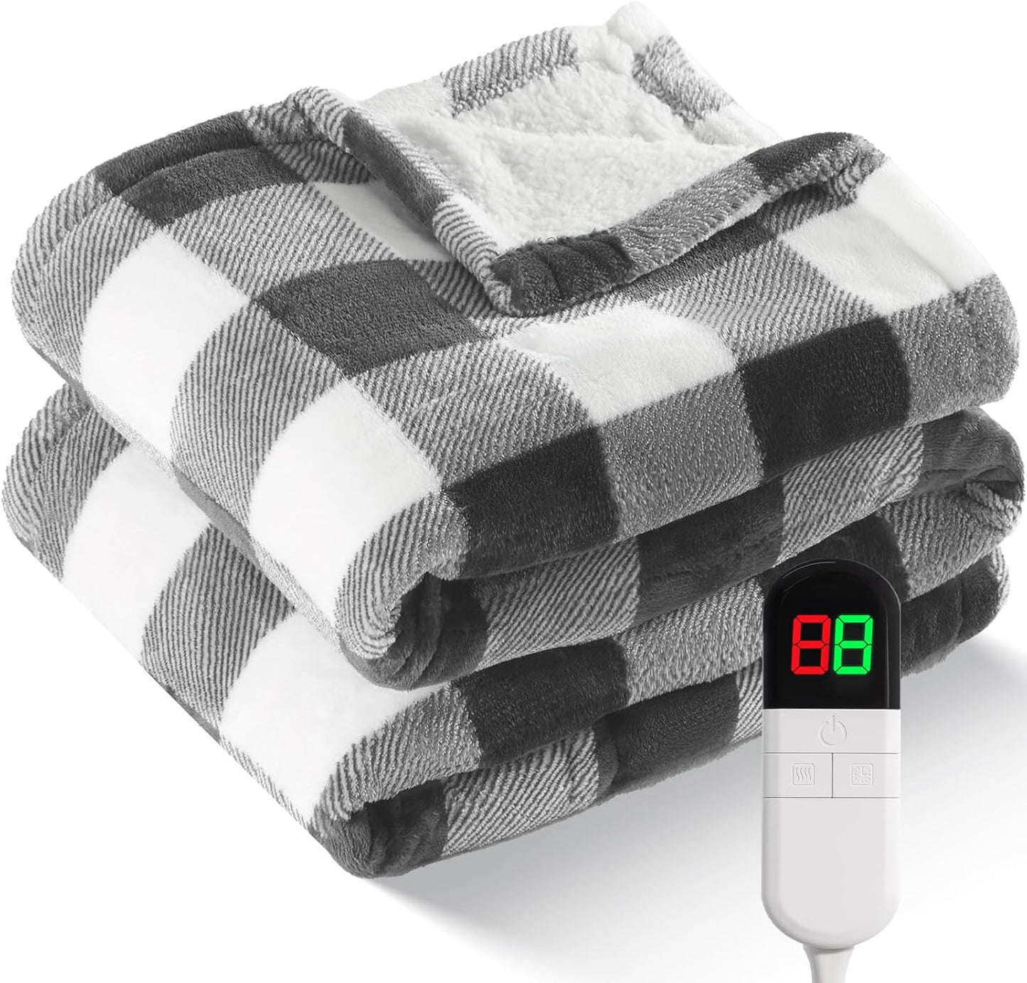 Electric Heated Sherpa Buffalo Plaid Christmas Throw Blanket with 8 Heating Levels & 8 Hours Auto Off, Fast Heating Warm Plush Washable Blanket with Over-Heat Protection, ETL Certification, Grey