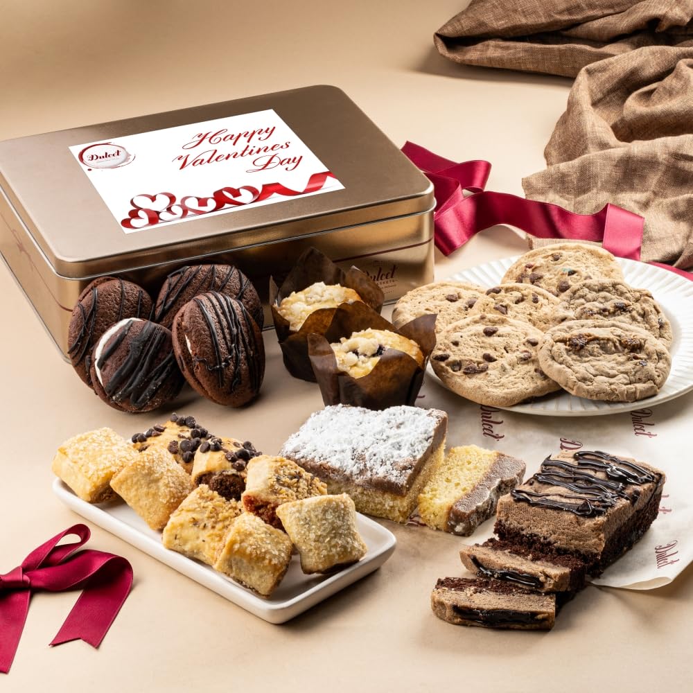 Dulcet Gift Basket Happy Valentines Baked Goods Gift Box ? Luxurious Gourmet Bakery Dessert Gift Tin Box with Whoopie Pies, Muffins, Cookies, Crumb Cake, Delicious Pastry for Girlfriend, Fianc?e, lover, or Partner.