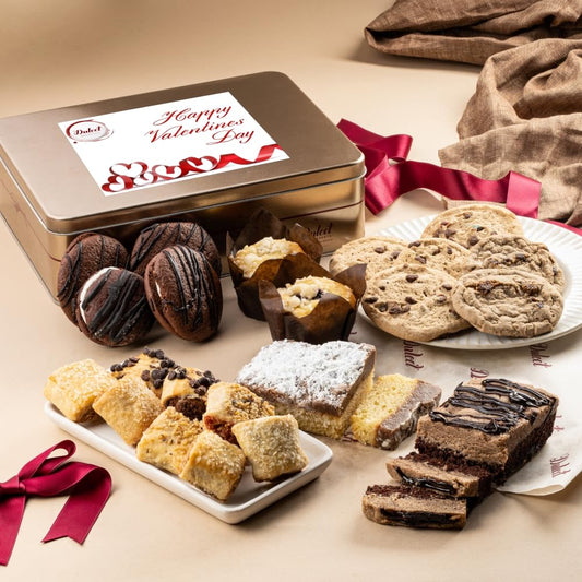Dulcet Gift Basket Happy Valentines Baked Goods Gift Box ? Luxurious Gourmet Bakery Dessert Gift Tin Box with Whoopie Pies, Muffins, Cookies, Crumb Cake, Delicious Pastry for Girlfriend, Fianc?e, lover, or Partner.