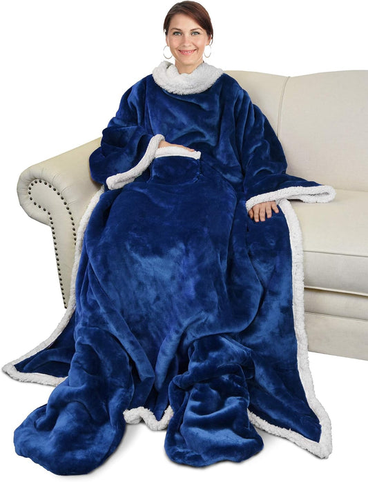 Catalonia Sherpa Wearable Blanket with Sleeves & Foot Pockets for Adult Women Men, Comfy Snuggle Wrap Sleeved Throw Blanket Robe, Gift Idea, Blue