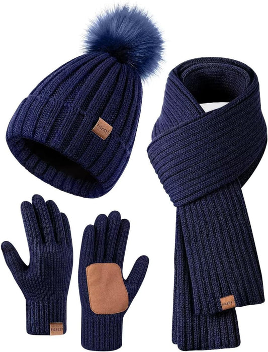 Winter Beanie Hat Scarf Gloves Set for Women, Womens Beanie with Pom Pom Long Scarf Neck Warmer Touchscreen Gloves 3 in 1 Set