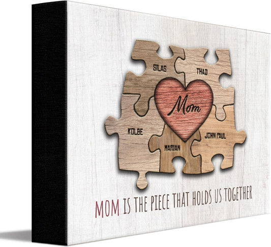 Personal-Prints MOM & Children Personalized HEART Puzzle Wall Art | Unique Customized with up to 8 Names | Mother’s Day, Birthday or Christmas Gift (8"x10" Easel Backed Canvas, 5 Children)