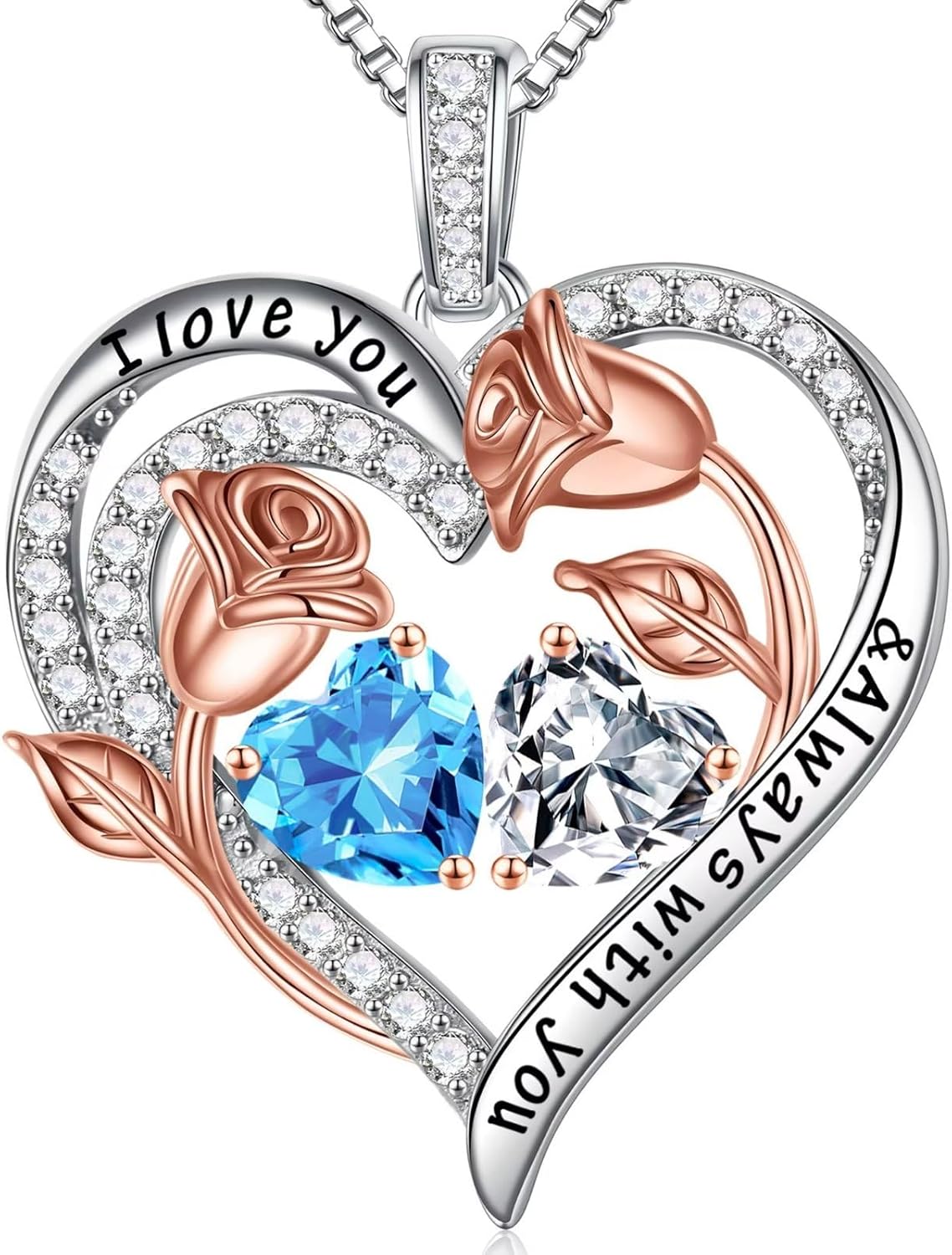 Iefil Birthstone Necklace for Women - 925 Sterling Silver Rose Heart Birthstone Necklace Birthday Anniversary Jewelry Gifts for Her Wife Mom Daughter