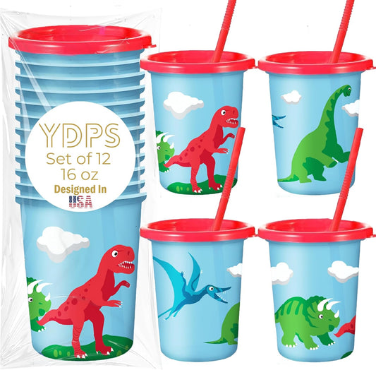 Dinosaur Cups for Kids with Straw and Lid, Set of 12 - Party Dino Cups - Perfect Boy or Girl Dinosaur Birthday Decorations