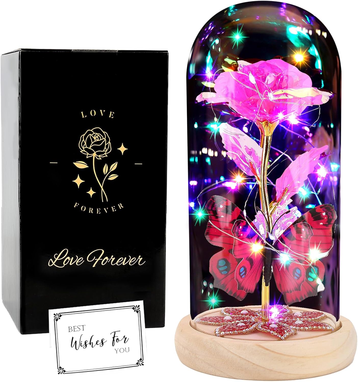 Light up Forever in Glass Dome Galaxy Butterfly Globe Present for Her Grandma, Eternal for Mother's Day Anniversary from Daughter (Pink)