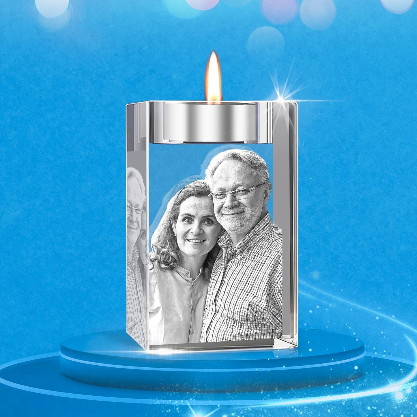 Personalized 3D Crystal Photo, Custom Laser Engraved Candle Holder Frame, Customized Memorial Anniversary Christmas Birthdays Gifts for Dad, Mom, Him, Her, Grandfather (Small)