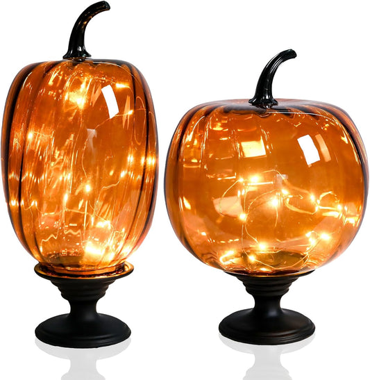 Glass Pumpkin Lights with Warm Yellow LED String, Set of 2 – 13.4” & 11.8” Tall Amber Glass Pumpkins for Fall, Halloween, Thanksgiving Table Centerpiece, Indoor Autumn Home Decor