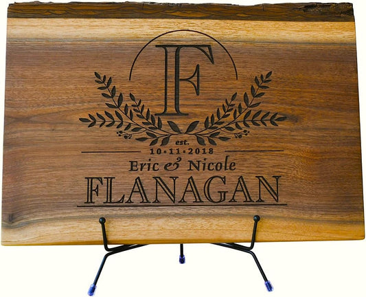 Personalized Cutting Board Wedding Gift – Walnut Live Edge Wood (6 Designs) Customized Monogramed Bride Groom Unique Engraved Rustic Display Newlywed Couple Parents Anniversary Housewarming Christmas