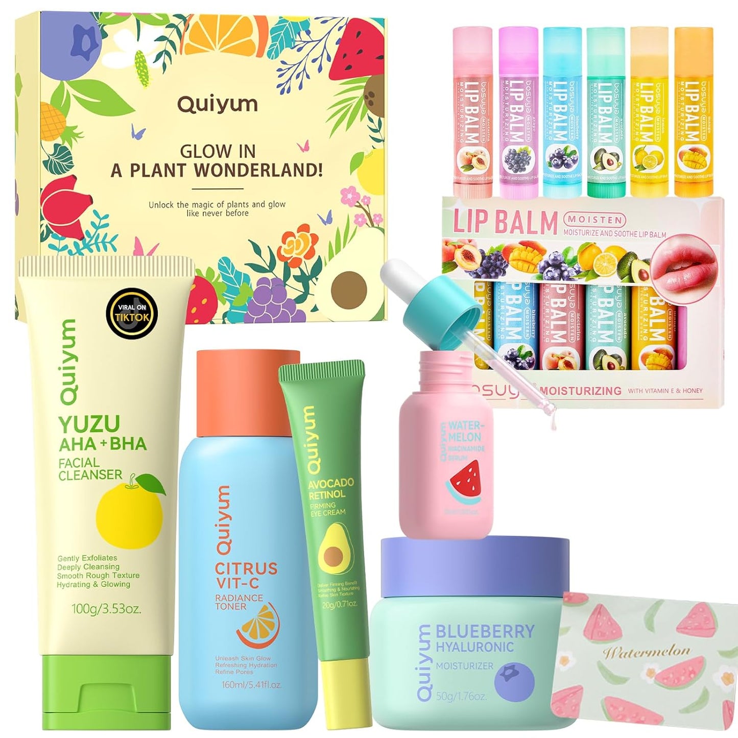 Fruit Skincare, Skin Care Gift Sets, Skin Care for Teens 10-12, with Lip Balm *6, Facial Cleanser, Toner, Serum, Eye & Face Cream, Nourishing, Hydration, Glow Up, Trendy Stuff