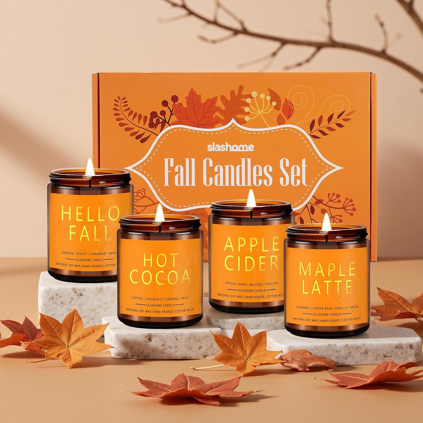 Fall Candles Set, Fall Scented Candles Including Hello F All, Apple Cider, Hot Cocoa, Maple Latte, Long-Lasting Pumpkin Candle, Eco-Friendly Autumn Candle, Best Gift for Autumn, 4 Pack, 7 oz