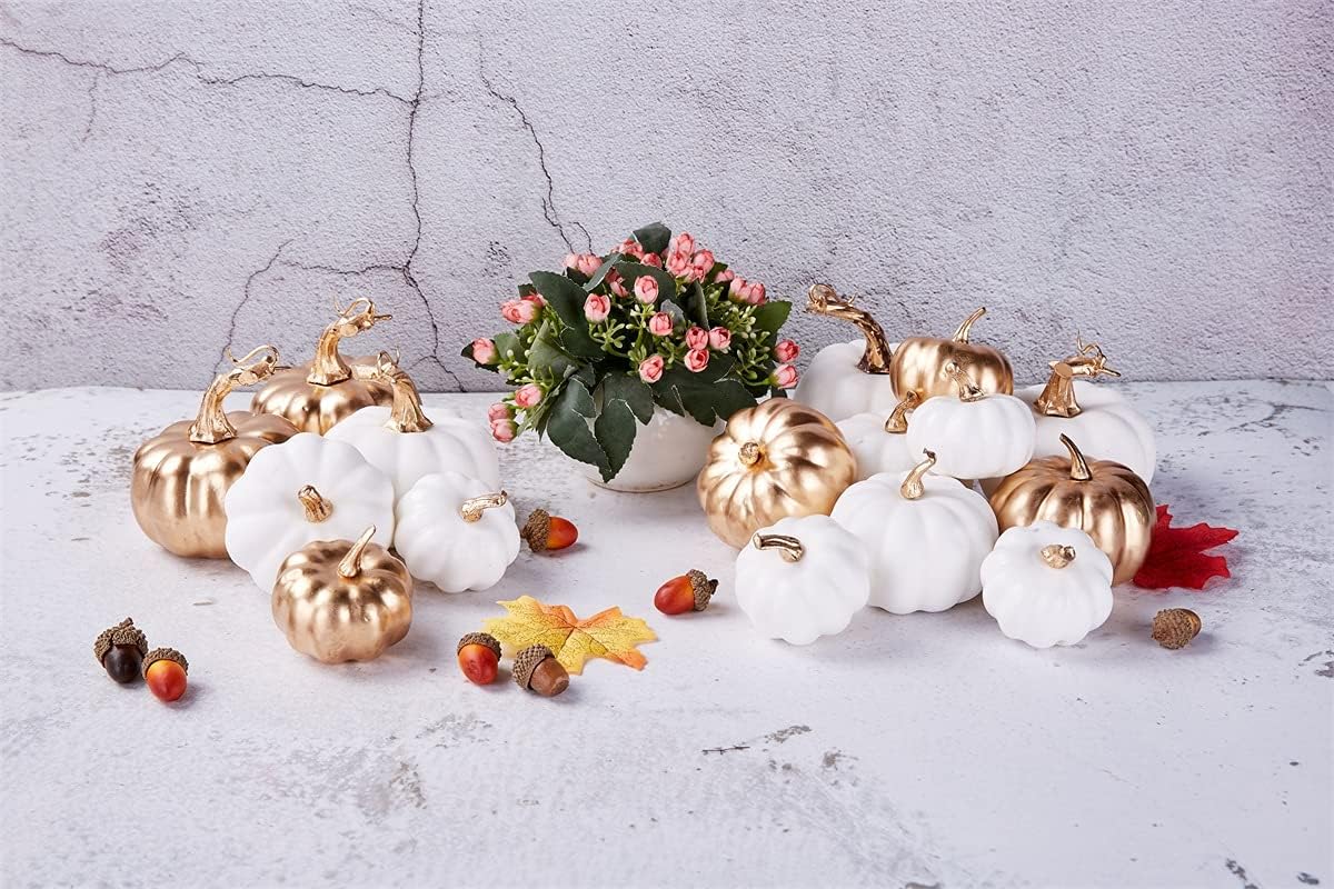 Artmag 16 Pcs Assorted Fall Artificial Pumpkins Harvest White Faux Pumpkins and Gold Plating Pumpkins for Halloween Fall Thanksgiving Decorating Displaying