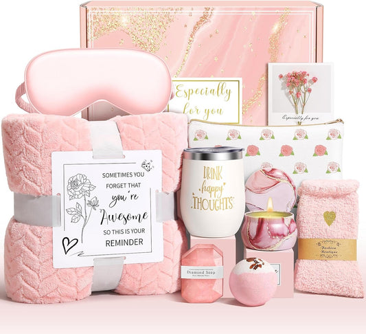 Happy Birthday Gifts for Women Self Care Gift, Relaxing Care Package Get Well Soon Spa Gift Basket with Luxury Blanket, Mothers Day, Brithday Gifts for Mom Her Friend Sister Wife