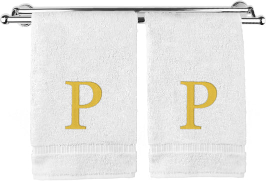 Monogrammed Hand Towel, Personalized Gift, Set of 2- Gold Block Letter Embroidered Towel - Extra Absorbent 100% Turkish Cotton - Soft Terry Finish - Initial P White