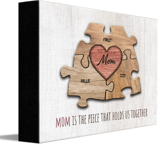 Personal-Prints MOM & Children Personalized HEART Puzzle Wall Art | Unique Customized with up to 8 Names | Mother’s Day, Birthday or Christmas Gift (8"x10" Easel Backed Canvas, 3 Children)