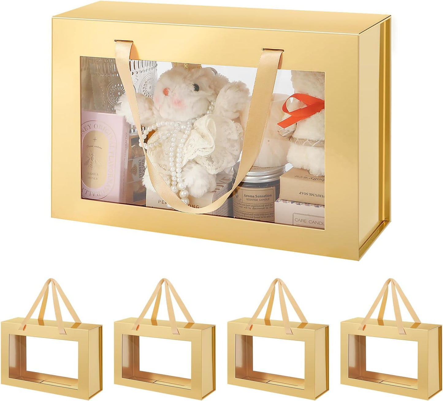 JINGUAN Large Gold Clear Gift Boxes, 13.5x9x4.1 Inches Gift Boxes with Windows by Handles, Bridesmaid Proposal Boxes, Collapsible Gift Boxes with Magnetic Closure (Glossy Gold, 5 Pack)