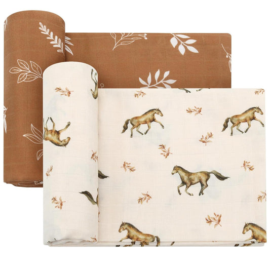 LifeTree Baby Swaddle Blankets, Boys Girls Muslin Swaddling Wrap Receiving Blanket for Newborn, 70% Viscose from Bamboo and 30% Cotton, Large 47" x 47", Horse & Leaf