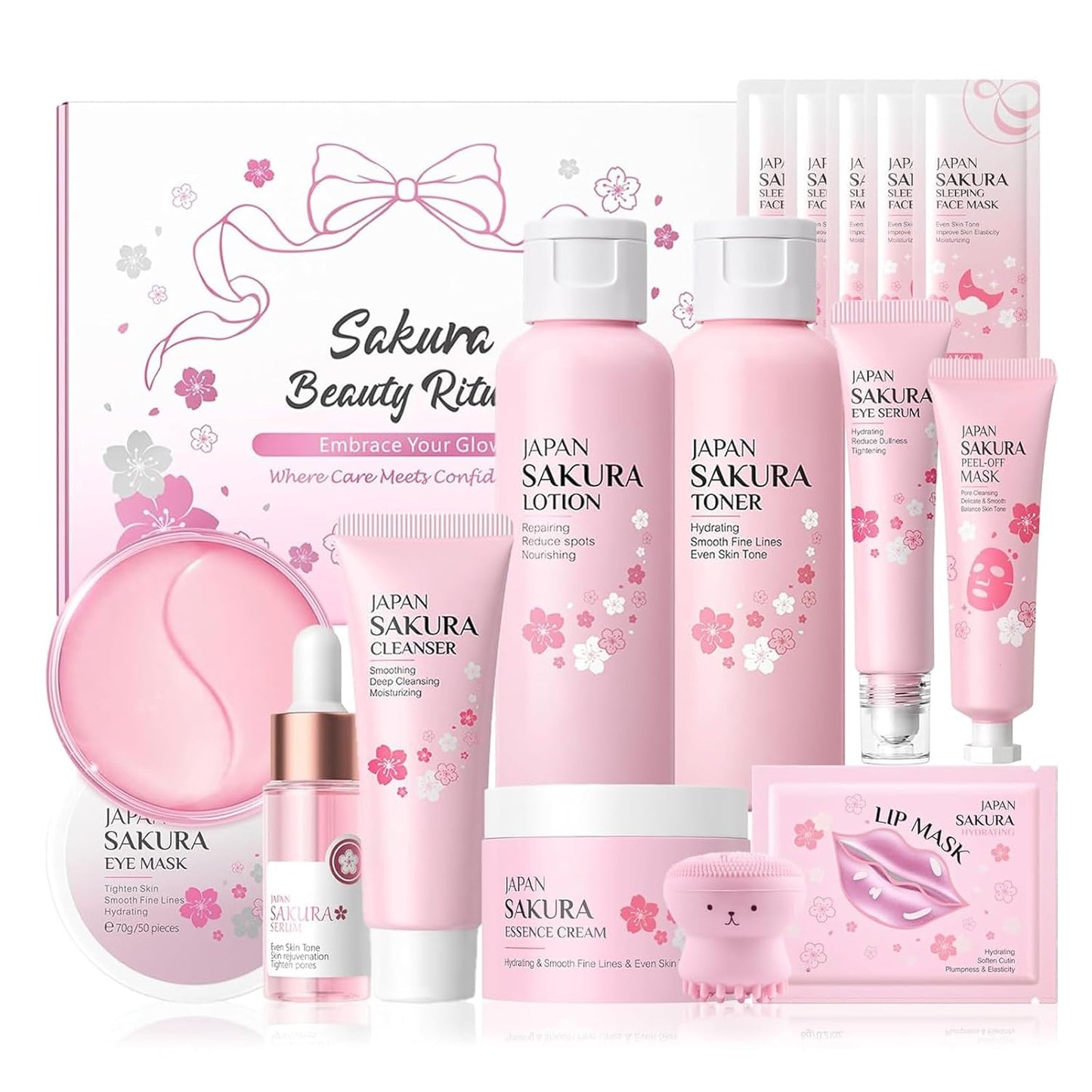 Japan Sakura Skincare Set, Skin Care For Teens 10-12 Girls, 15pcs Face Care Set For Women Daily Skin Care, Teen Skin Care Kit 15pcs, Hydrating, Deep Cleasing, Gentle, All Skin Types
