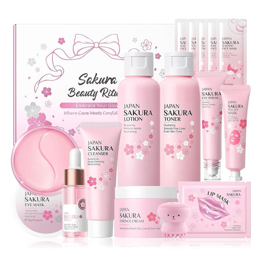 Japan Sakura Skincare Set, Skin Care For Teens 10-12 Girls, 15pcs Face Care Set For Women Daily Skin Care, Teen Skin Care Kit 15pcs, Hydrating, Deep Cleasing, Gentle, All Skin Types