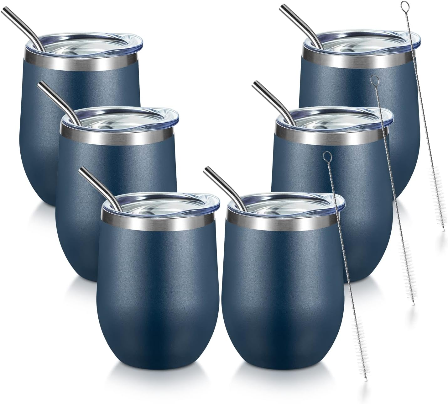 COMOOO Stainless Steel Navy Wine Tumbler Glass Bulk with Lid and Straw 12oz Double Wall Vacuum Insulated Travel Tumbler Cup Stemless for hot and Cold Drinks, Coffee, Wine, Cocktails 6 pack