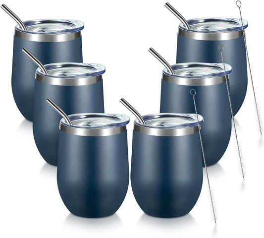 COMOOO Stainless Steel Navy Wine Tumbler Glass Bulk with Lid and Straw 12oz Double Wall Vacuum Insulated Travel Tumbler Cup Stemless for hot and Cold Drinks, Coffee, Wine, Cocktails 6 pack