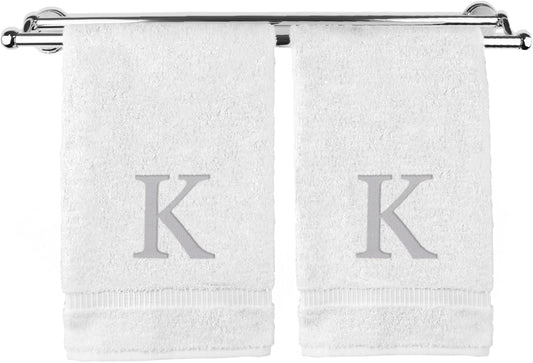 Monogrammed Hand Towel, Personalized Gift, Set of 2- Silver Block Letter Embroidered Towel - Extra Absorbent 100% Turkish Cotton - Soft Terry Finish - Initial K White