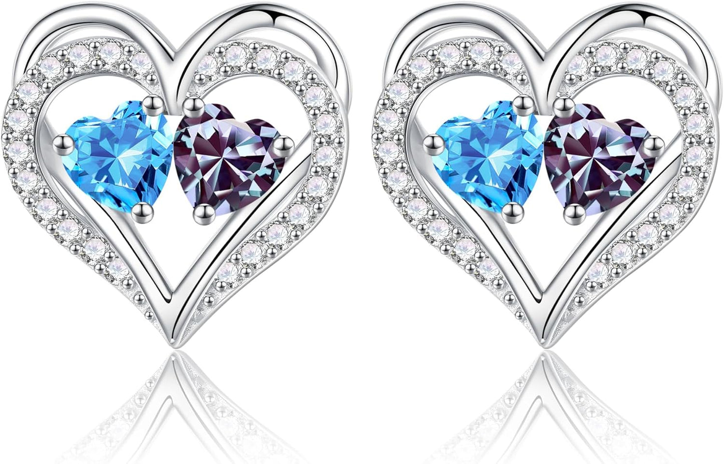 Iefil Birthstone Earrings for Women - 925 Sterling Silver Heart Earrings Anniversary Birthday Gifts for Women Wife Girlfriend Mom