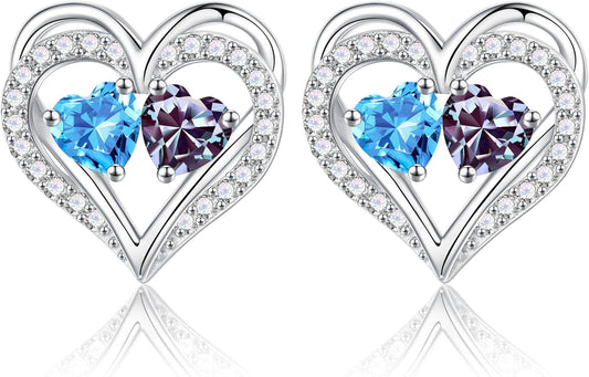 Iefil Birthstone Earrings for Women - 925 Sterling Silver Heart Earrings Anniversary Birthday Gifts for Women Wife Girlfriend Mom